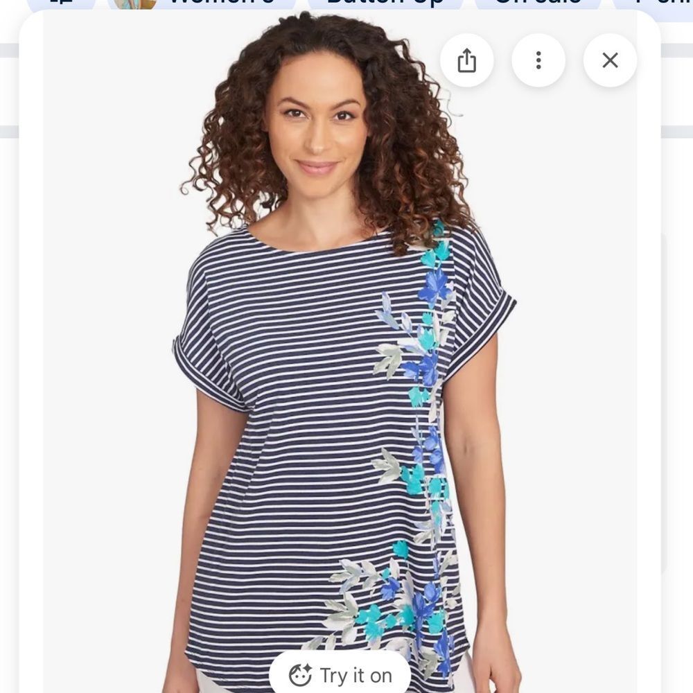 Ruby Rd. Petite Top-  Navy/White Striped Floral Women's Top Size PL